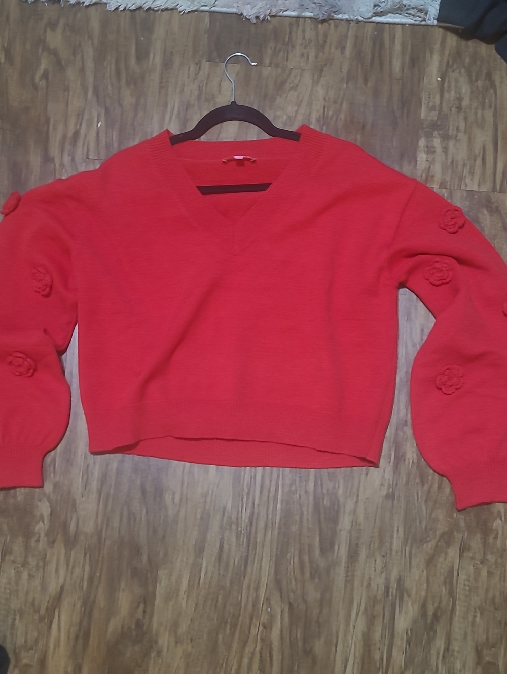 THML Bold Red V-Neck Sweater with Rose Appliqués